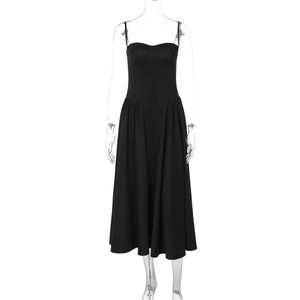 Detailed view of black backless midi dress with slim-fit waist and spaghetti straps