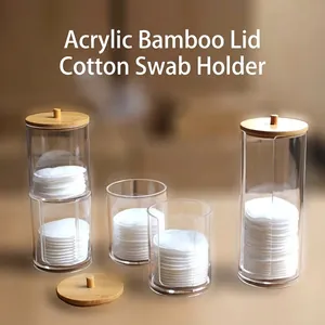 Acrylic Cotton Swab Holder With Bamboo Lid Transparent Makeup Pad Organizer Dustproof Bathroom Vanity Storage Jar