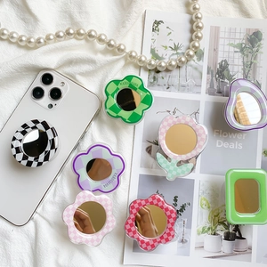 Checkerboard phone grip stand with mirror, cute flower and avocado shapes for desk