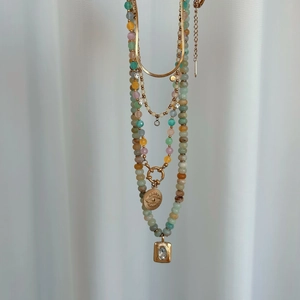 Three-layer gold titanium steel necklace with colorful natural stone beads and charms