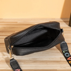Black heart embroidered mini crossbody bag with colorful letter printed wide strap