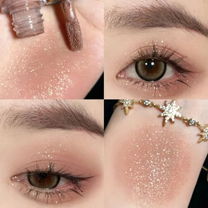 Matte champagne pink liquid eyeshadow with gold glitter showing eye makeup and swatches