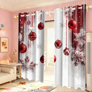 Detail view of red Christmas curtains with snowflake and ball patterns for living room