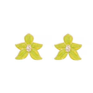 Green enamel five-petal flower stud earrings with gold trim and teardrop zircon center