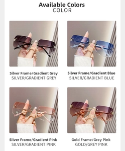 Detailed color options of rimless Y2K sunglasses with butterfly metal accents and gradient lenses