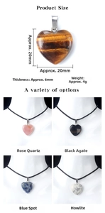 Detailed size chart for 20mm heart-shaped semi-precious stone pendants in various materials