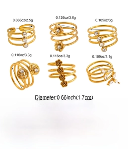 Detailed view of gold stainless steel ring set with size specifications and weight info
