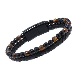 Detail of double-layer men's bracelet with braided leather and brown tiger eye beads