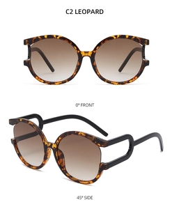 Front and 45-degree side view of leopard print round sunglasses with tea gradient lenses