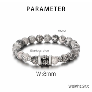 8mm natural stone beaded bracelet featuring lava stone and skull stainless steel charm