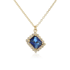 Close-up of square blue emerald-cut zircon pendant with 18K gold plated O-chain