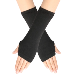 Detail of black knitted fingerless gloves showing thumb hole and arm sleeve texture