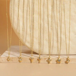 Copper Pendant Necklace With Zircon Hexagram Star Heart Cross Key 14K Gold Plated Minimalist Clavicle Chain For Women