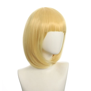 Detail of smooth golden bob wig with straight bangs on a white mannequin torso