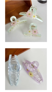 Detail view of candy-colored flower hair claws in mint green, blue and purple resin