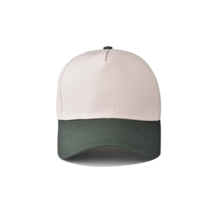 Close-up of beige and green color-block baseball cap showing twill fabric texture