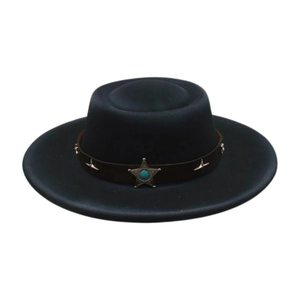 Elegante cappello jazz in feltro di lana nero con fascia in pelle decorata con stelle