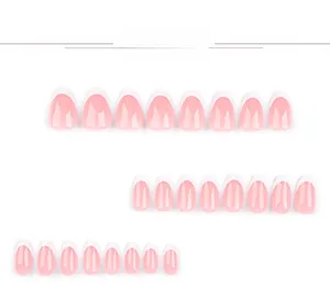 Detail of 24pcs classic French press-on nails with pink base and white tips in almond shape