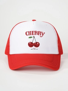 Detailed view of red and white cherry trucker hat featuring happy print and mesh back