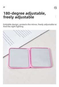 Pink foldable makeup mirror with 180-degree flip feature and protective plastic case