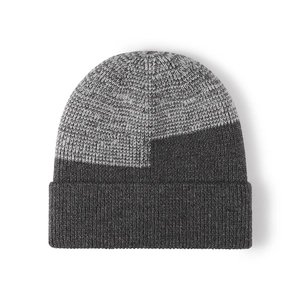 Winter thermal fleece-lined knit beanie in grey color-block design for men and women