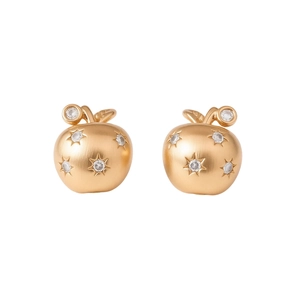18K gold plated apple earrings with matte brushed finish and white zircon stones