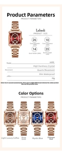 Detailed specifications and color options for the Labaoli luxury women's steel band watch