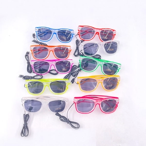 Flat lay of colorful LED EL wire glasses with UV400 protection and CE certification marks