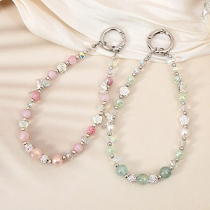 Handmade Beaded Keychain With Alloy Butterfly Rose Charms Artificial Pearl Rhinestone Hanging Ornament For Bag Phone Women Jewelry