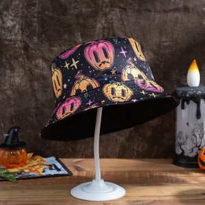 Halloween Bucket Hat Polyester Reversible Foldable Sun Protection Hat With Bat Pumpkin Print For Party Men Women