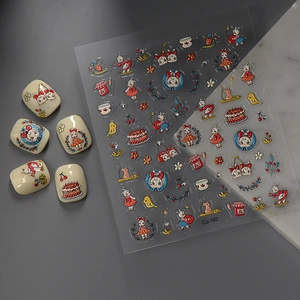 Cute bunny and strawberry 3D embossed nail art stickers with various cartoon patterns