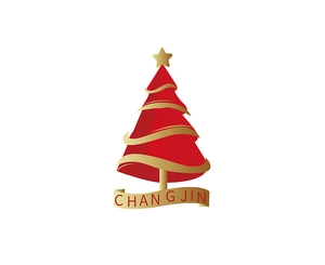 Graphic design of a red Christmas tree logo with a golden ribbon and star ornament