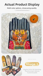Detail of 3D oil painting suede gloves with floral cat print and touch screen fingertip