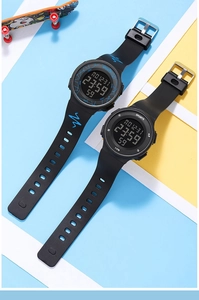 Detail of waterproof sports digital watches with rubber straps and 5 ATM display