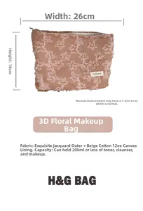 Pink corduroy makeup bag with 3D lace flowers, dimensions 26x18 cm with canvas lining