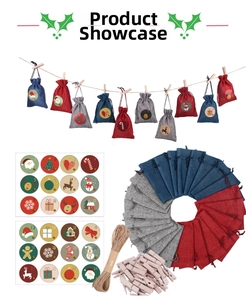 Detail view of 24-day Christmas advent calendar set with linen bags, clips and stickers