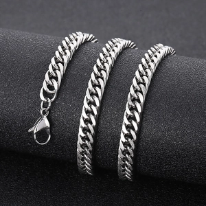 Close-up of a silver titanium steel Cuban chain necklace with a secure lobster clasp