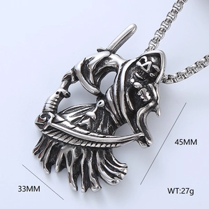 Gothic grim reaper scythe skeleton pendant in stainless steel with box chain for men