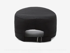 Detail view of cotton flat top cap with adjustable silver metal buckle on the back
