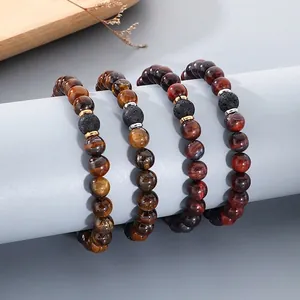 Natural Tiger Eye Volcanic Stone Beaded Bracelet Vintage Handmade Elastic Yoga Jewelry For Men Women Couple Daily Gift