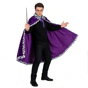 Detail of purple wizard cloak with spotted collar and brown magic wand accessory