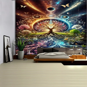 Abstract psychedelic mandala tapestry with tree of life and stars for bedroom decor