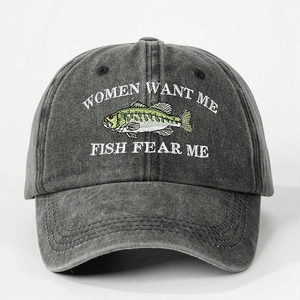Detail of Women Want Me Fish Fear Me embroidery on washed grey cotton baseball cap