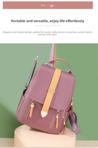 Detail view of purple oxford backpack featuring gold zippers and yellow strap accents
