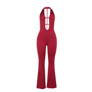 Sexy red halter neck jumpsuit with cutout detail and flared leg silhouette for women