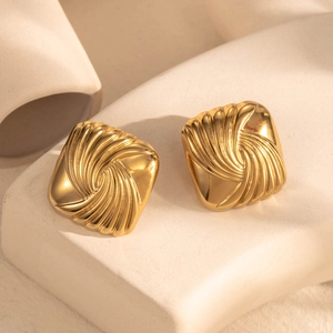 Gold geometric square stainless steel stud earrings with stylish swirl texture for women