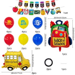 Back to School balloons set with school bus and backpack shapes plus colorful banners