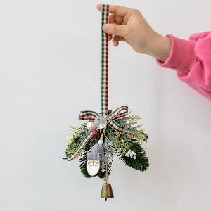 Christmas Santa ornament with pine branches, plaid bow, and bell hanging decoration
