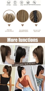 Detail view of claw clip ponytail extension with highlight fiber texture and care instructions