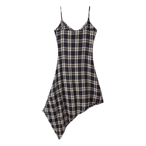 Women's plaid camisole dress with asymmetric fringed hem and adjustable spaghetti straps